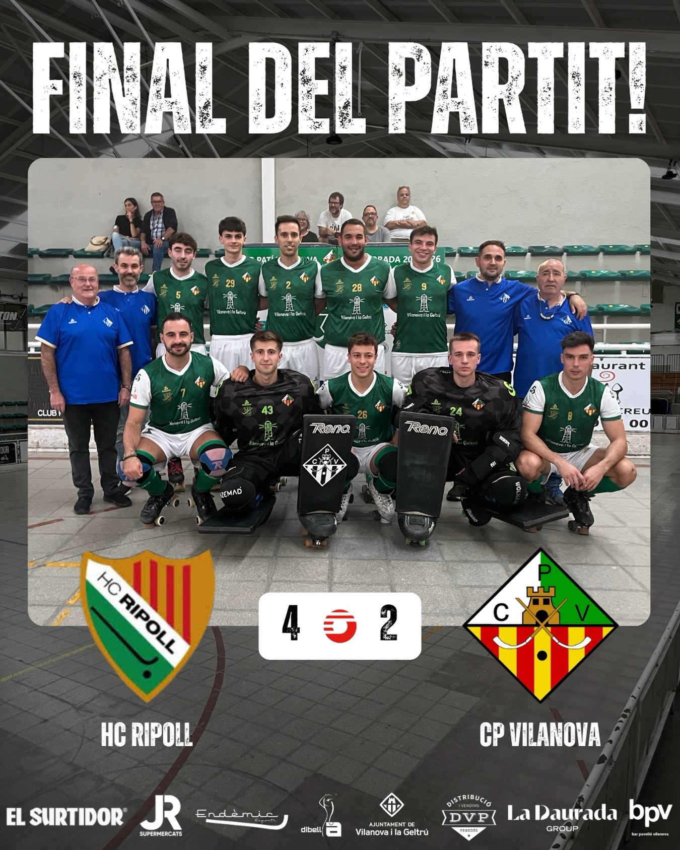 Derrota davant el @hoqueiclubripoll per 4-2!

Gols (x2) @joan_vazquez7 

Seguim treballant nois!💪🏻💚🤍