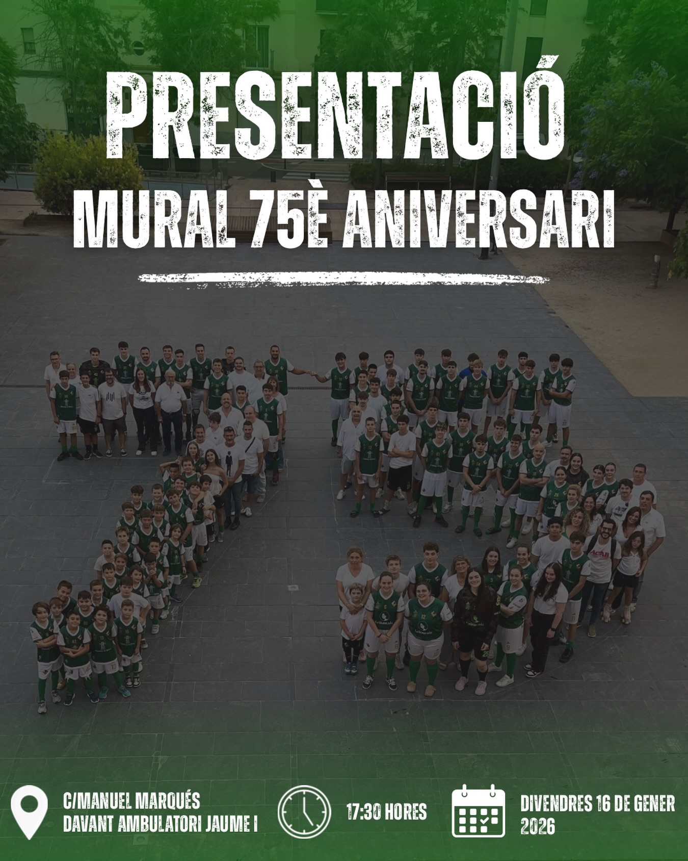Presentació del mural del 75è Aniversari del Club Patí Vilanova!💚🤍

Ens fa molta il·lusió informar-vos que, dins dels actes de celebració del nostre 75è aniversari, el club ha encarregat un mural commemoratiu en una paret de la ciutat!

📍 On es troba? L’obra es fa al Carrer Manuel Marqués, just davant l’ambulatori Jaume I!

🗓️ Inauguració oficial: Tindrà lloc aquest divendres, 16 de gener, a les 17:30 h!

Us hi esperem a tots i totes per compartir aquest moment històric per al club!🫵🏻