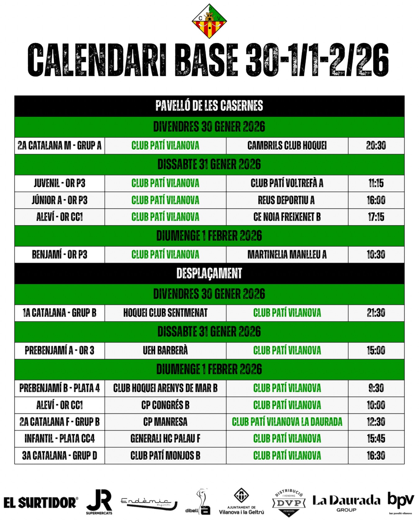 Partits del cap de setmana del 30-1 de Gener-Febrer!💚🤍

Som-hi patí!🔥