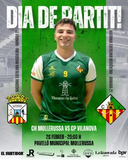 Dissabte disputarem la jornada 21 de Nacional Catalana!💚🤍

@chmollerussaprevintegral vs @cpvilanova 

28/02/26 🗓️
20:00 ⏰
Pavelló Municipal Mollerussa📍
Canal Blau Ràdio📻

Som-hi patí!💪🏻