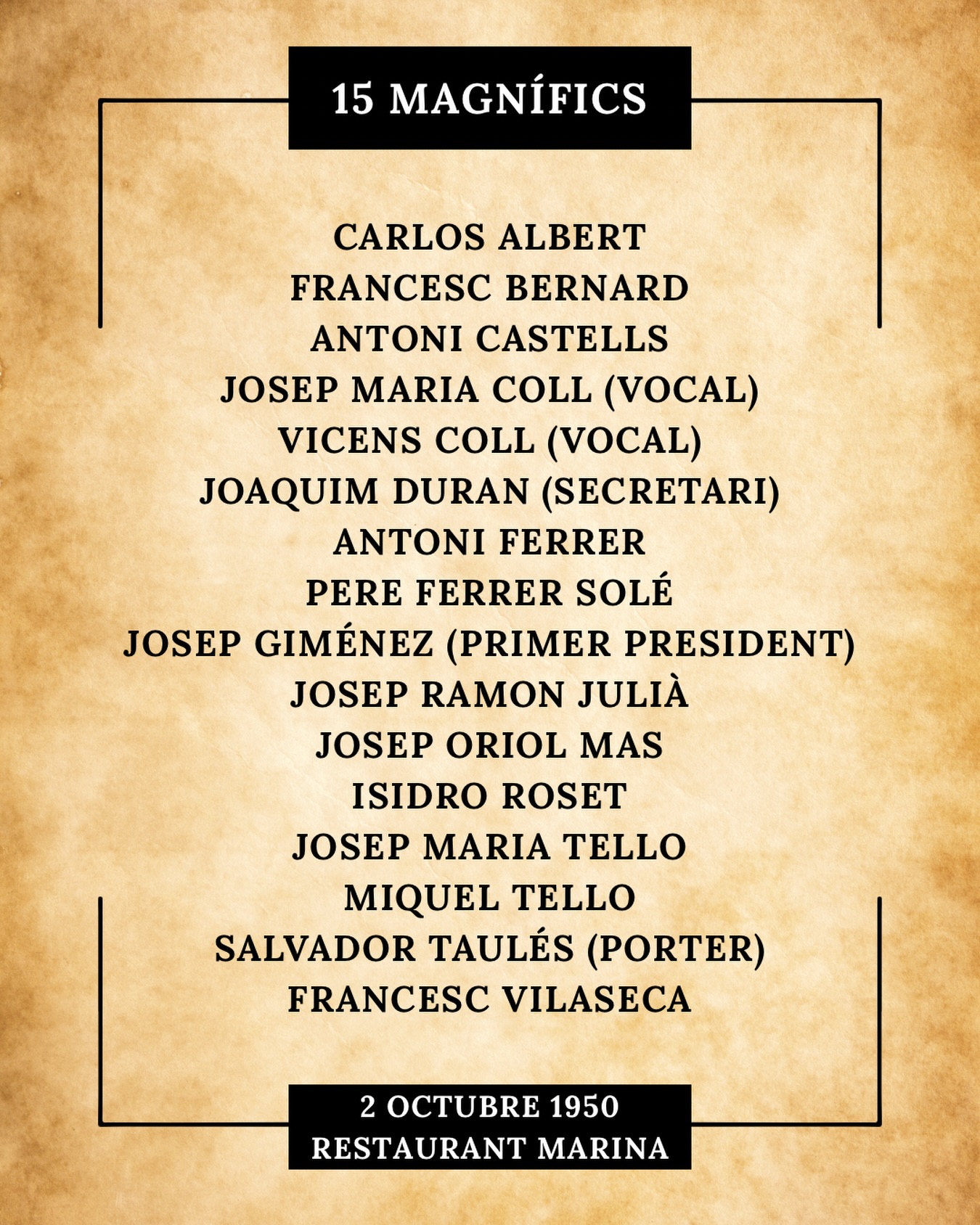 💚75 ESSENCIALS🤍

Iniciem avui una sèrie de publicacions en les quals presentarem els 75 essencials d’aquests 75 anys d’història del club. 

I els primers, com no pot ser d’altra manera, són els 15 FUNDADORS del Patí.
El dia 2 d’Octubre de 1950 va tenir lloc al Restaurant Marina la primera reunió entre els “15 magnífics” i es va escollir la primera junta directiva. Tot i que la data de fundació del club es considera el dia 19 de Març de 1951, que va ser quan es va disputat el primer partit oficial!