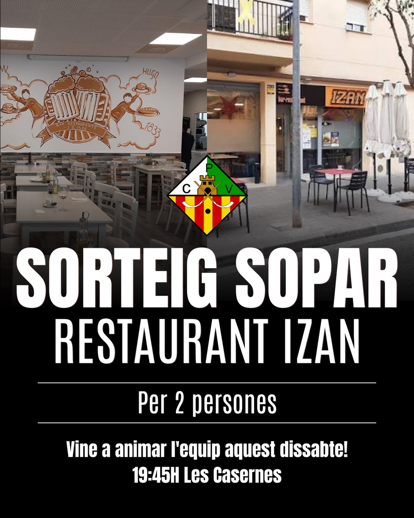 GUANYA UN SOPAR AL RESTAURANT IZAN! 🍽️

Aquest dissabte tenim una cita important i necessitem el suport de tota l’afició! 
Volem que el pavelló torni a ser una festa i que el primer equip masculí senti tot el vostre alè des de la grada💪🏻

Per agrair el vostre suport i gràcies a la col·laboració del @barrestaurantizan, sortegem un SOPAR PER A 2 PERSONES entre tots els aficionats que vingueu a animar!

📋 COM PARTICIPAR? (Passos obligatoris)

1️⃣ SEGUEIX-NOS a les nostres xarxes:
Instagram: @cpvilanova o Twitter (X): @cpvilanova
YouTube: ClubPatiVilanova1951

2️⃣ SEGUEIX el compte d’Instagram de @barrestaurantizan 

3️⃣ DONA LIKE a aquesta publicació.

4️⃣ VINE AL PARTIT aquest dissabte a les 19:45h a Les Casernes!

🎟️ COM RECOLLIR EL TEU TIQUET?

Aquest sorteig és exclusiu per als qui estigueu a la grada animant! 
Abans de començar el partit, apropa’t al punt de control que habilitarem a l’entrada del pavelló.

Ensenya’ns que compleixes els passos anteriors amb el mòbil i et donarem un tiquet físic per a la rifa que es farà durant la mitja part del partit.

No hi faltis, ens veiem dissabte!💚🤍