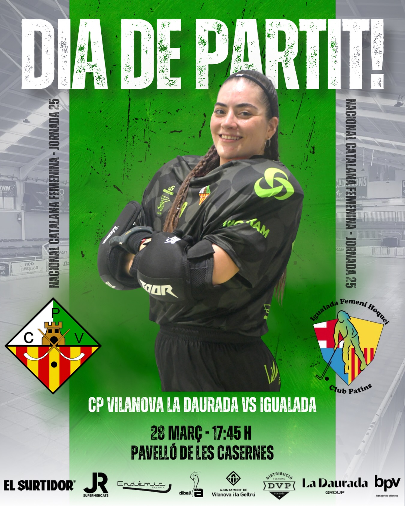 Dissabte disputarem la jornada 25 de Nacional Catalana!💚🤍

@cpvilanova vs @igualadafhcp 

28/03/26 🗓️
17:45h ⏰
Pavelló de les Casernes📍

Som-hi patí!💪🏻