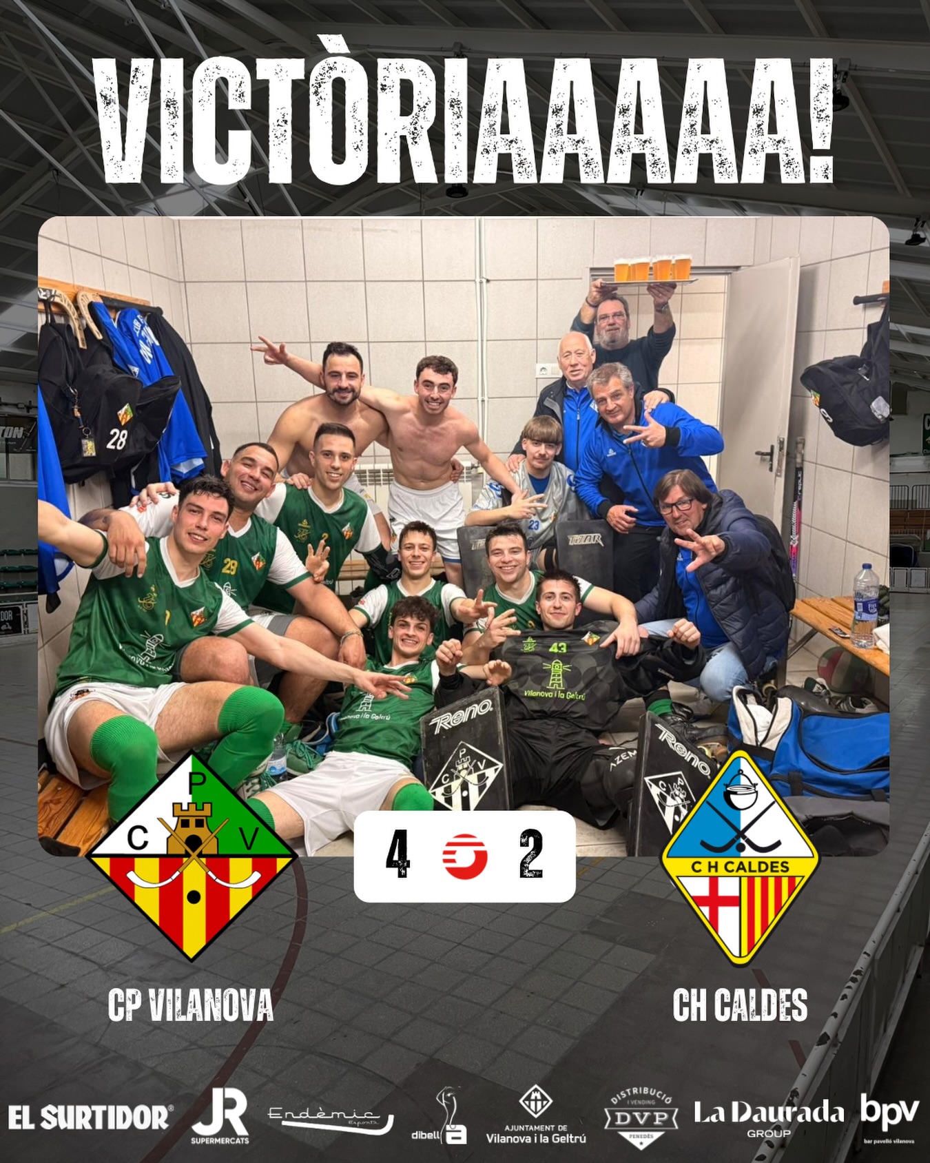 Victòria davant el @chcaldes per 4-2!

Gols (x2) @usebri99 (x1) @joan_vazquez7 (x1) @marccarrasco__ 🏑

Seguim treballant nois!💪🏻💚🤍