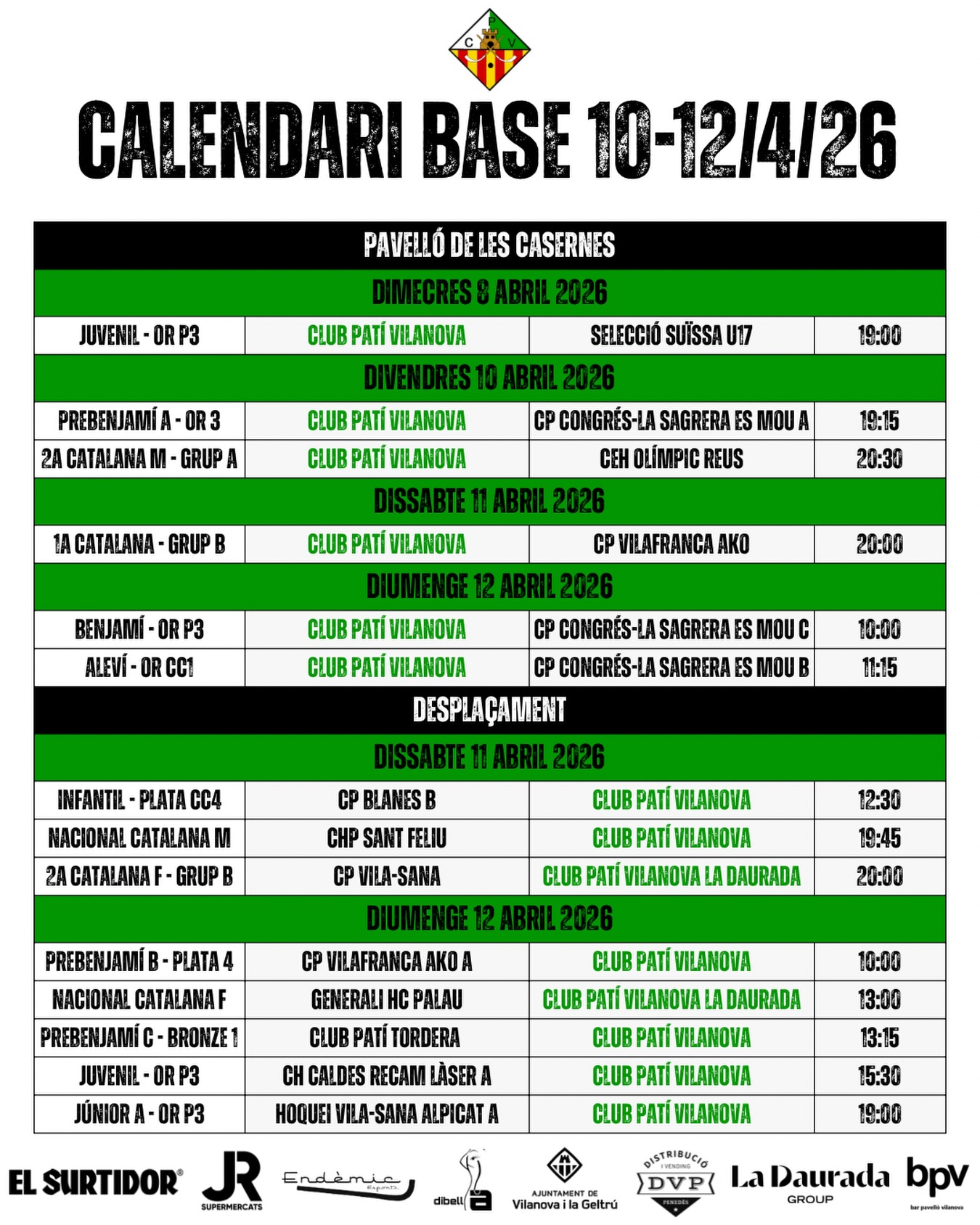 Partits del cap de setmana del 10-12 d’Abril!💚🤍

Som-hi patí!🔥