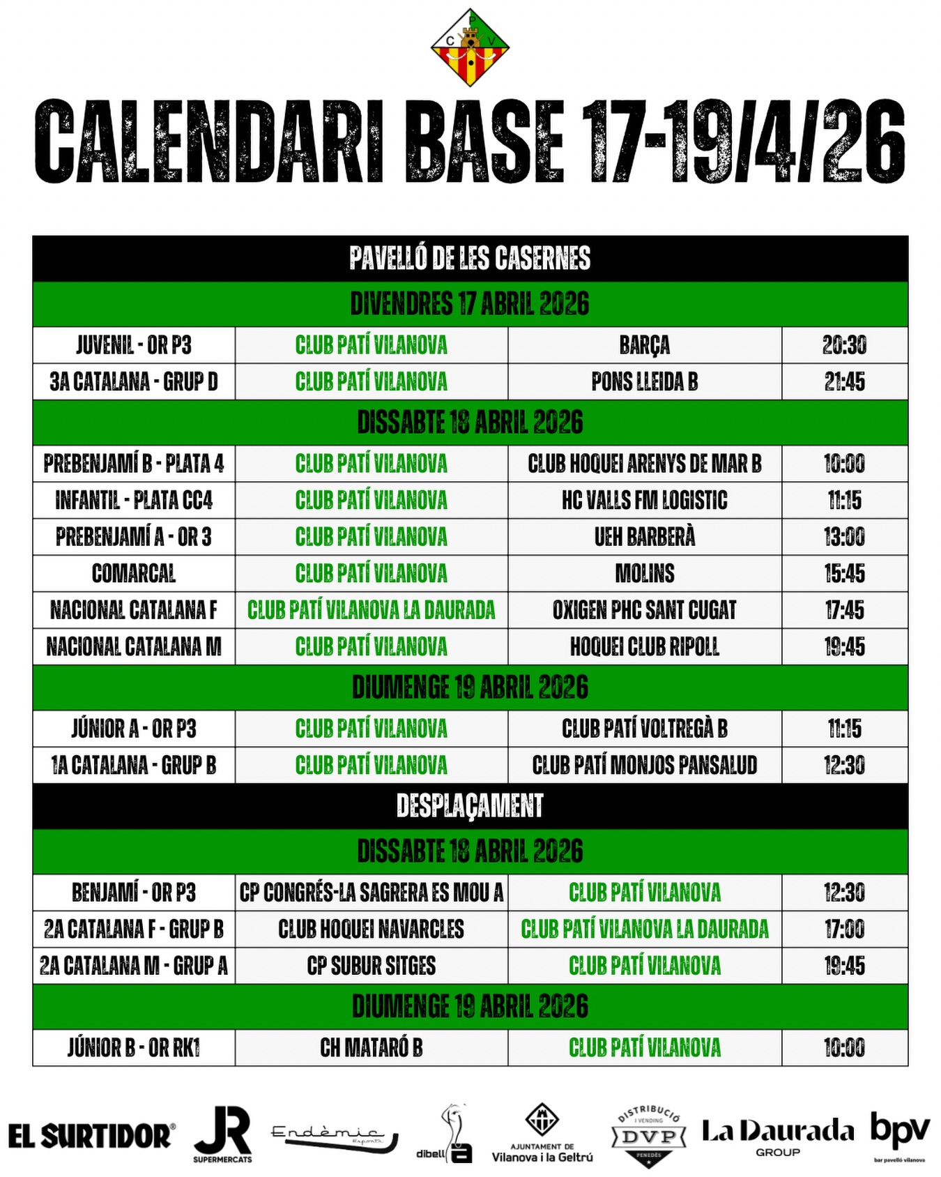Partits del cap de setmana del 17-19 d’Abril!💚🤍

Som-hi patí!🔥