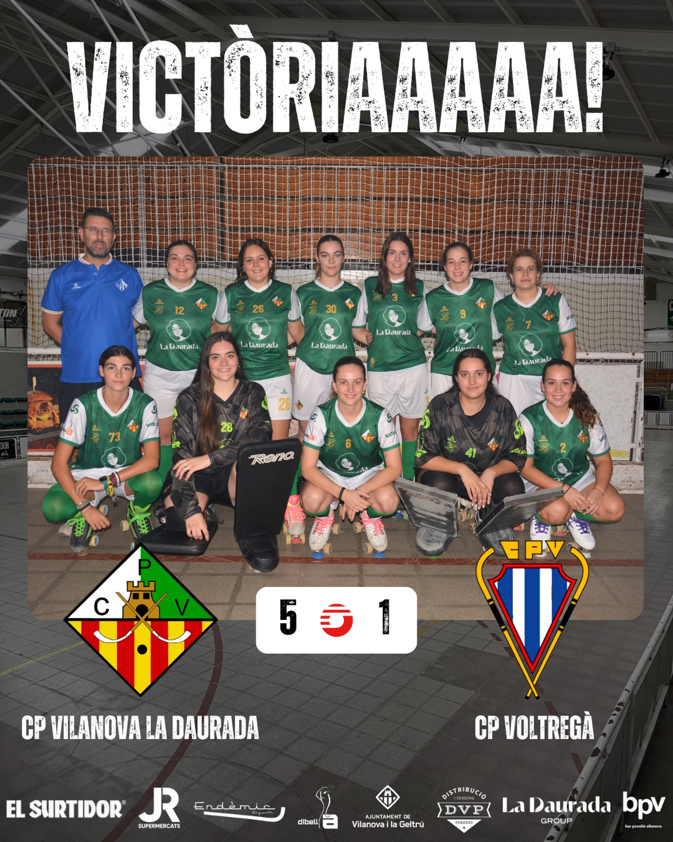 Victòria davant el @cpvoltrega per 5 - 1!

Gols (x2) @lubamuro_77 (x1) @m.asensi16 (x1) @queeraalt_12 (x1) @aresnoguera 🏑

Seguim treballant noies!💪🏻💚🤍