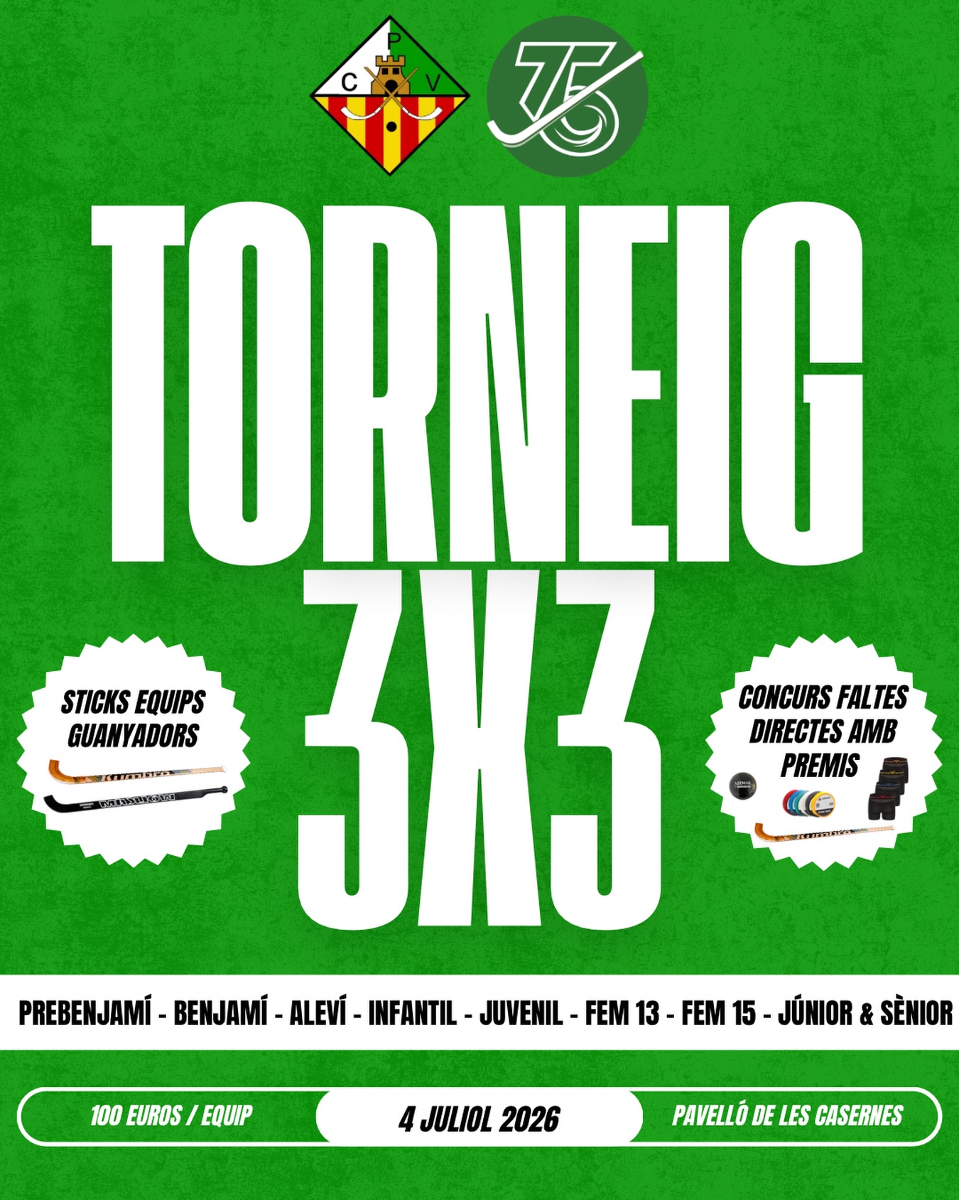 🔥TORNEIG 3x3 CP VILANOVA🔥

Aquest estiu, l’hoquei no s’atura! El proper dissabte 4 de juliol ens trobem al Pavelló de les Casernes per viure una jornada de competició, amics i molta diversió!

🗂 CATEGORIES:

- Prebenjamí (2019, 2018 i 2017)
- Benjamí (2016 i 2015)
- Aleví (2014 i 2013)
- Infantil (2012 i 2011)
- Juvenil (2010 i 2009)
- Fem 13 (2014 i 2013)
- Fem 15 (2012 i 2011)
- Júnior & sènior (2008 en endavant)

🏆 PREMIS I ACTIVITATS:

- Torneig 3x3: Premiat amb sticks de jugador i porter per a cada integrant campió de la categoria!🏑🥇
- Concurs de Directes (Activitat inclosa al preu de la inscripció, participació no obligatòria): Posa a prova la teva punteria i guanya material tècnic de regal.

📝 INSCRIPCIONS I DETALLS:

- Preu: 100€ per equip (3 jugadors + 1 porter).
- Data límit: Teniu fins al 21 de juny per apuntar-vos.
- Horaris: Un cop tancades les inscripcions, es publicaran els horaris definitius de cada categoria. 🕒

🎒 QUÈ INCLOU LA INSCRIPCIÓ?

- Samarreta oficial del torneig per a tots els participants👕
- Welcome Pack de benvinguda🎁

🔗 Com apuntar-se?
Teniu l’enllaç directe al formulari a la nostra BIO o podeu fer servir aquest enllaç:
https://docs.google.com/forms/d/e/1FAIpQLSeuth9MKy4gsuLZxJ3zBwUo1giMblvte7x65Px9BNvBCuI3bg/viewform?usp=dialog

📩 DUBTES:
Per a qualsevol consulta o dubte, ens podeu escriure un missatge directe i us ajudarem!

No us quedeu sense plaça, feu l’equip i veniu a gaudir de l’hoquei a Casernes!💚🤍