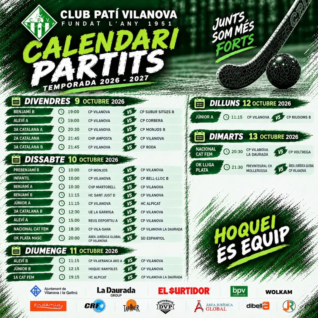 🗓 Agenda de partits del 9 al 13 d'Octubre.

💪 Cap de setmana a tope per recuperar els partits que no es van poder jugar la passada jornada per la pluja.

💚🤍