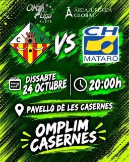 🔥 Aquest dissabte tornem a LES CASERNES!!

L'afició ha de ser un jugador més!💚🤍

Área Jurídica Global CP Vilanova vs @clubhoqueimataro

🗓️ Dissabte 24/10
⏰ 20h
📍 Pavelló de les Casernes
📺 Canal Blau

🎟 Socis i col•laboradors entrada gratuïta
Entrada general: 10€

Som-hi patí!💪🏻